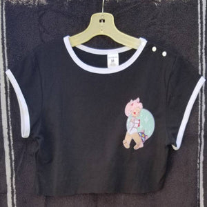 Chibi Moon Simple Black with White Trim Raw Cut Crop Top